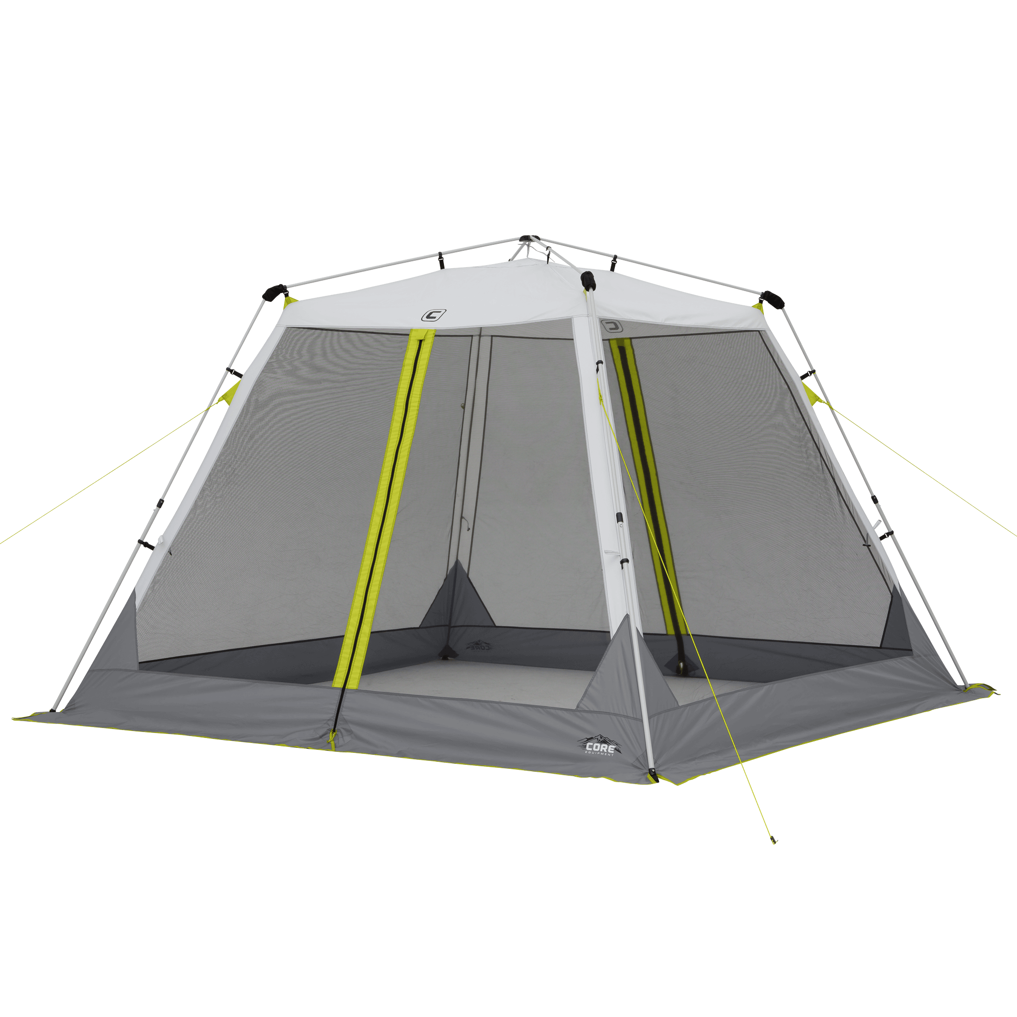 The CORE 10 ft x 10 ft instant screen house features a dark gray and light gray design with mesh sides, a peaked roof, neon green seam and door accents, plus guy lines at each corner for added stability.