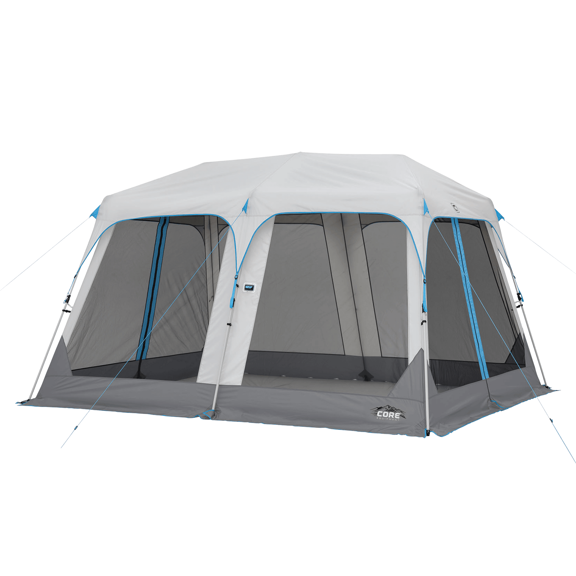 This large, 12 ft x 10 ft lighted instant screen house has a dark gray body and a light gray rainfly. It has mesh windows and blue accents. It features a peaked roof and multiple guy lines. 