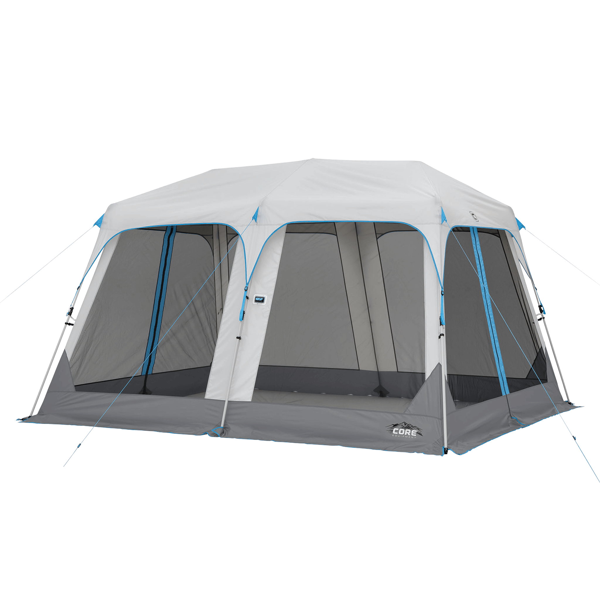 This large, 12 ft x 10 ft lighted instant screen house has a dark gray body and a light gray rainfly. It has mesh windows and blue accents. It features a peaked roof and multiple guy lines. 