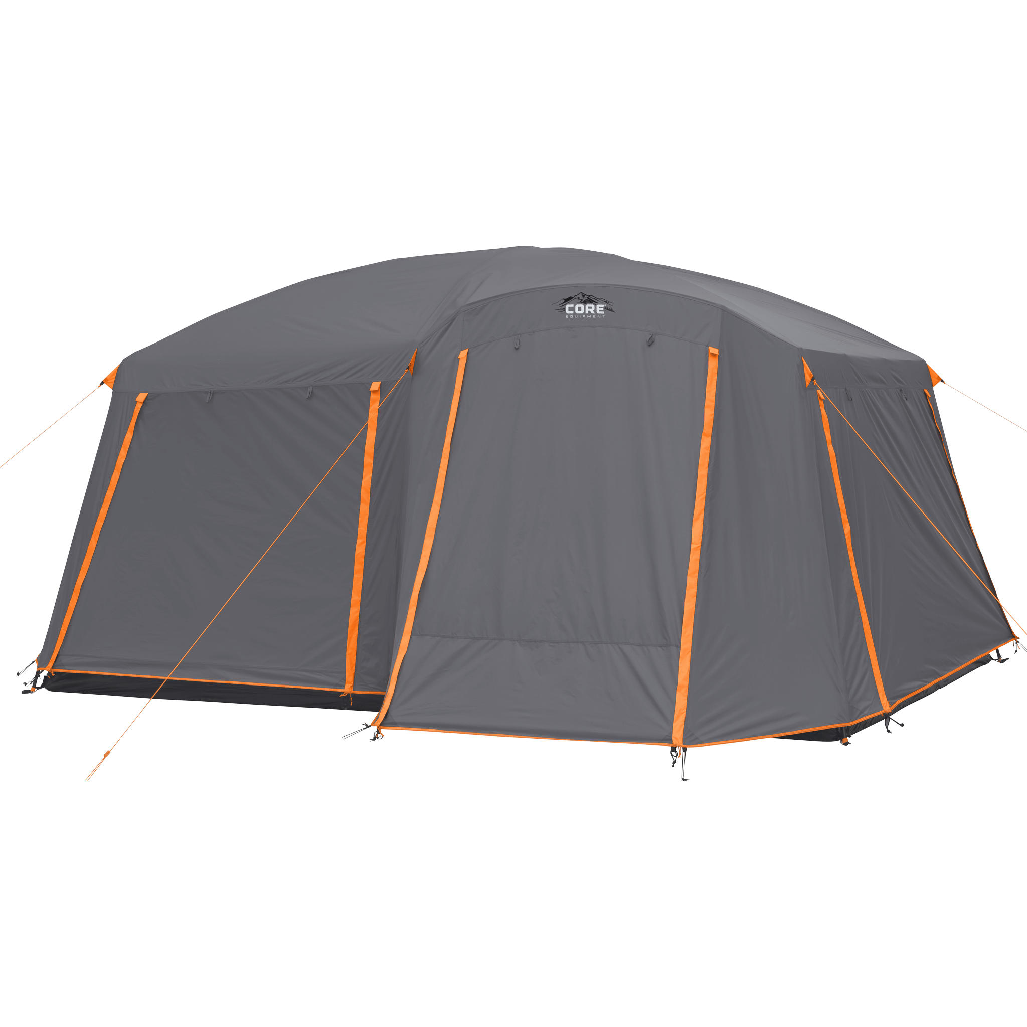 CORE Equipment 10 person straight wall  cabin tent with full rainfly shown fully set up. The tent is gray with bright orange accents and guy lines, featuring a rectangular shape and sloped roof designed for weather protection.