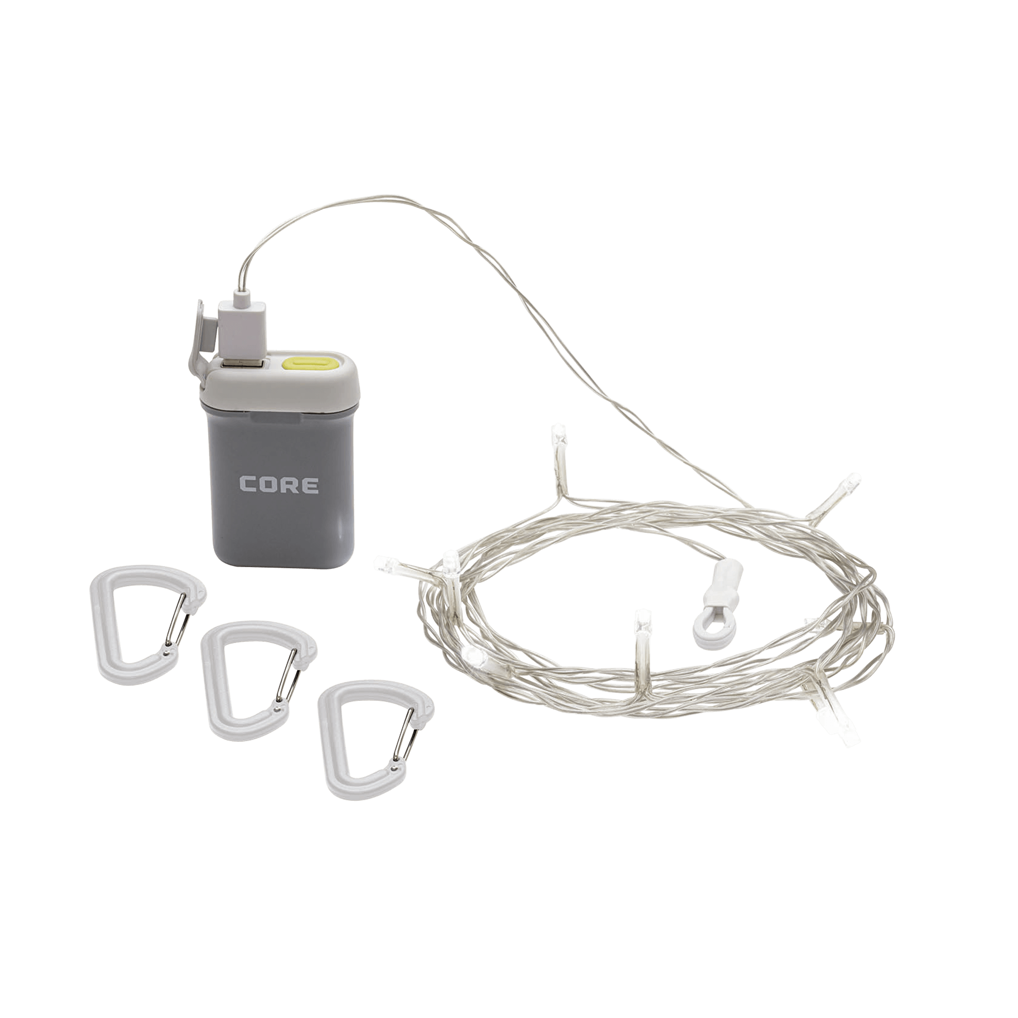 String lights with battery pack, cable, and carabiners