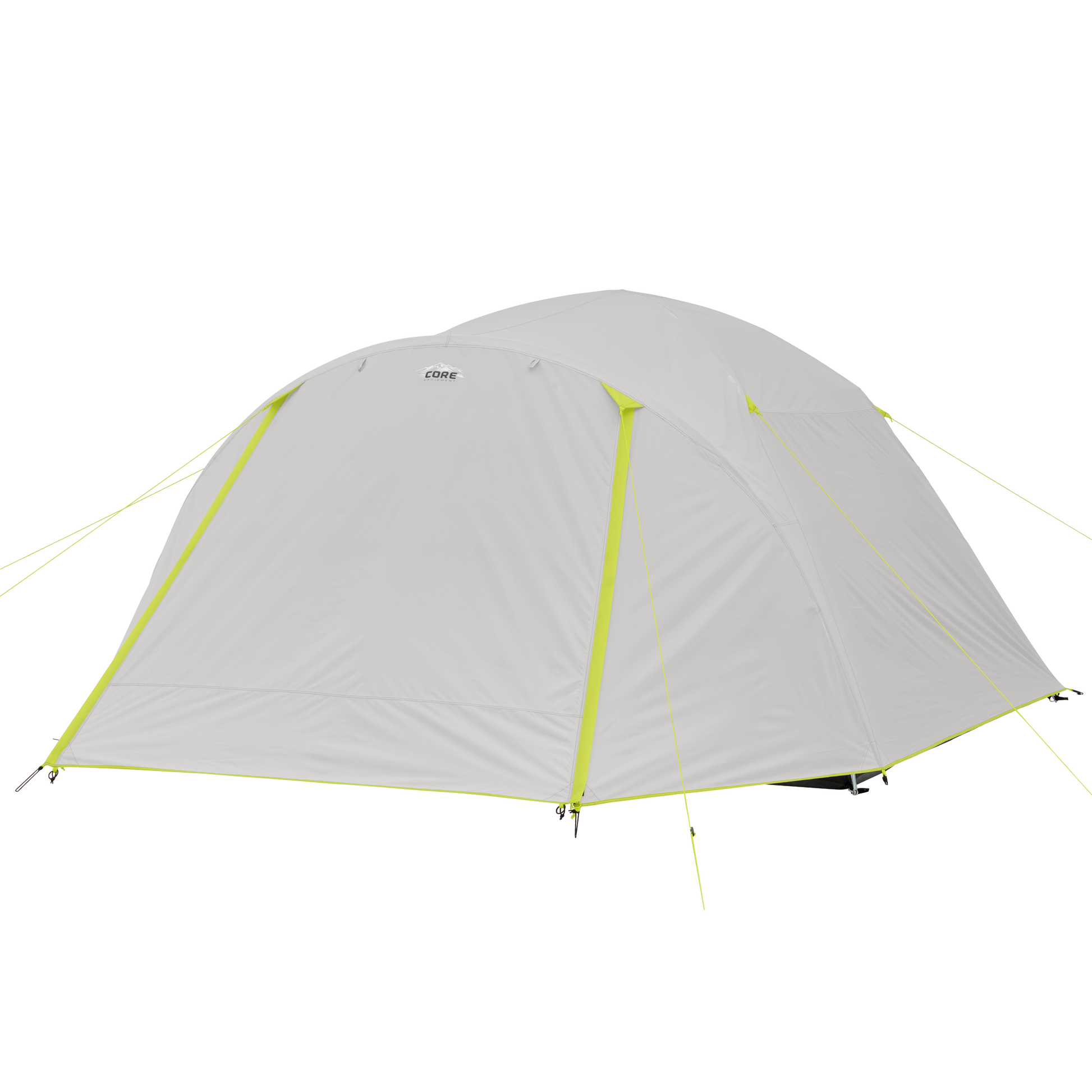 A CORE 6 person lighted dome tent with a full rainfly, neon green accents, and multiple guy lines is shown fully set up.