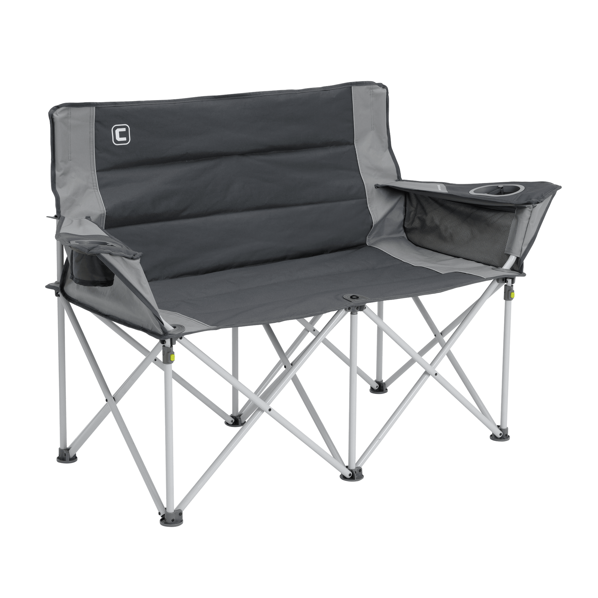 A portable grey double camping chair with two seating areas, high backs, and armrests. Perfect for your next tent adventure, it features a cup holder on the right armrest and is supported by a sturdy, collapsible metal frame.