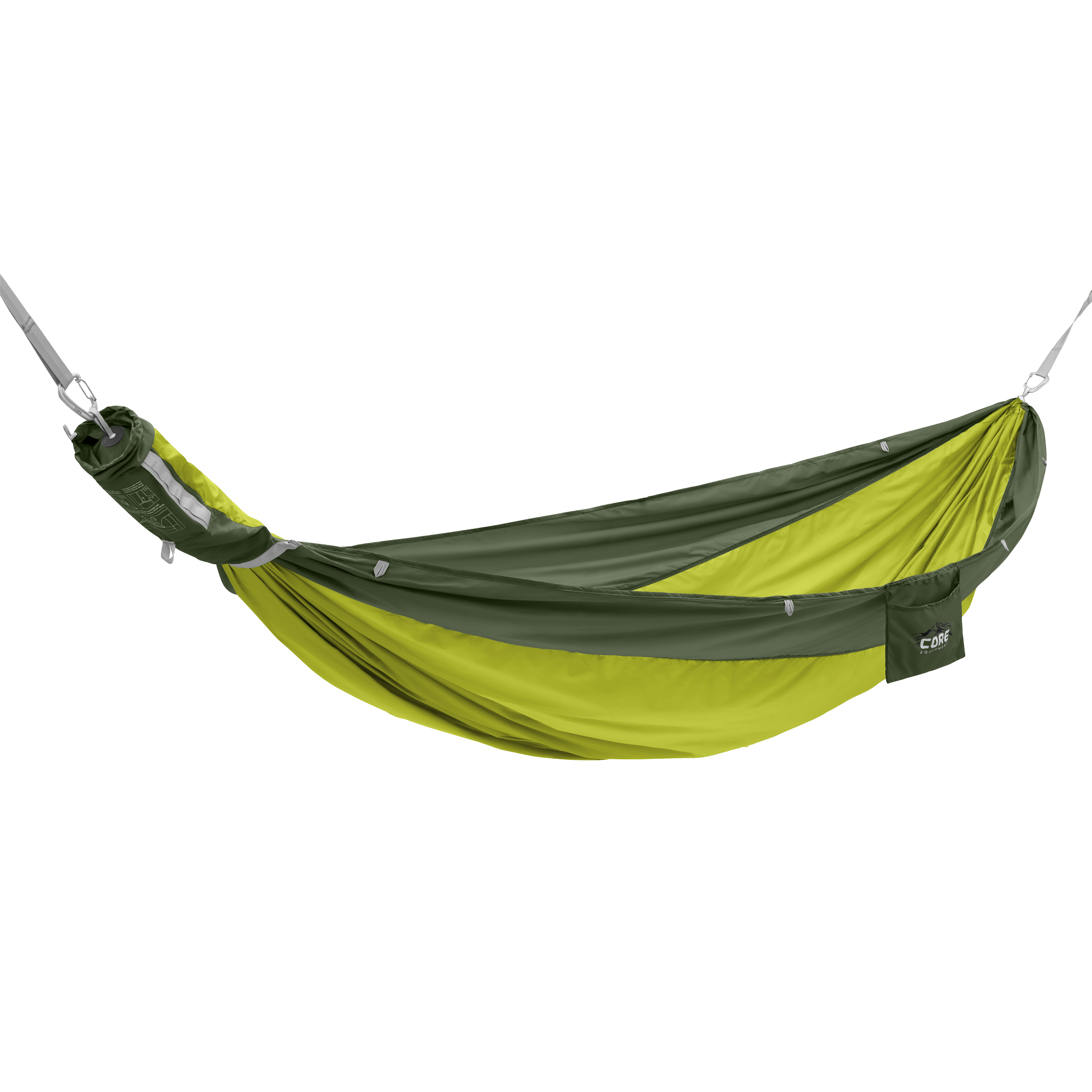 Dark green and neon yellow hammock with 'CORE' logo