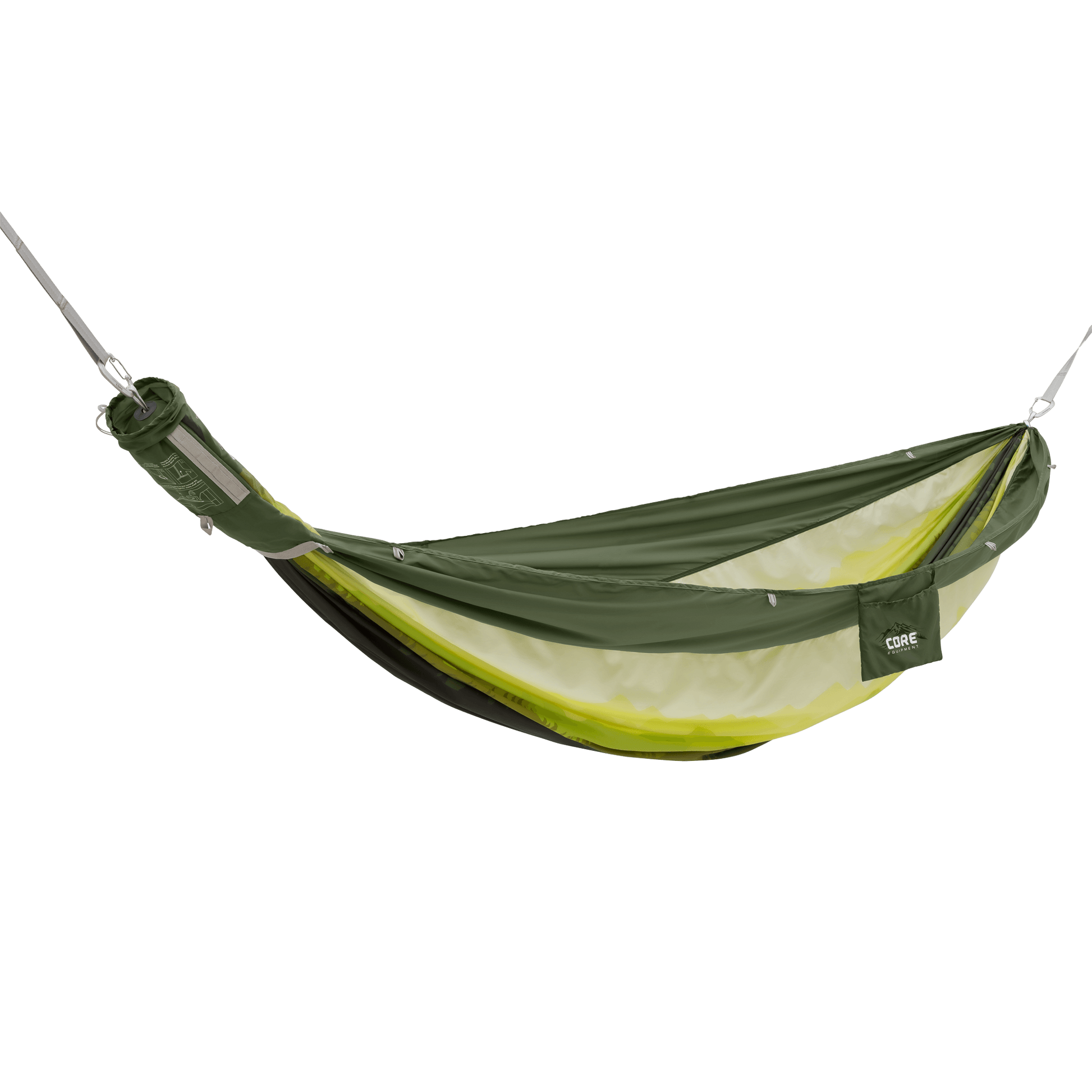Dark green and neon yellow hammock with 'CORE' logo