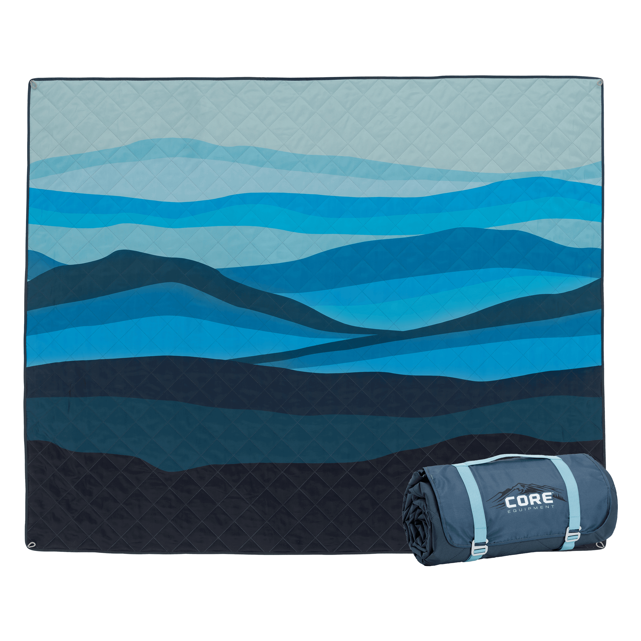 Blue Mountain patterned weighted camp blanket laid out with it rolled up next to it.