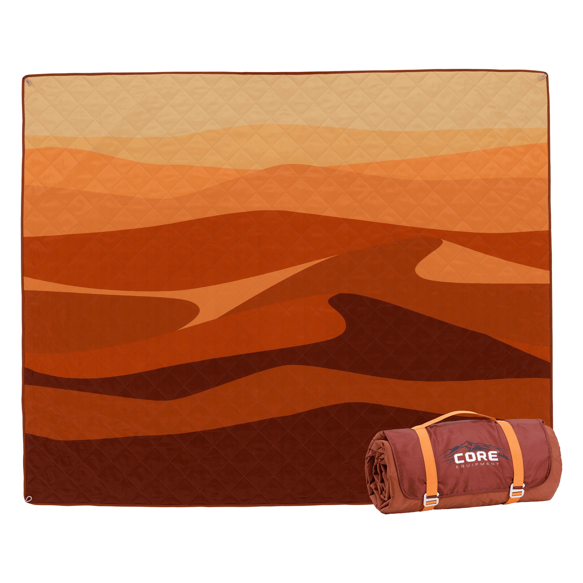 Orange and red patterned weighted camp blanket laid out with it rolled up next to it.