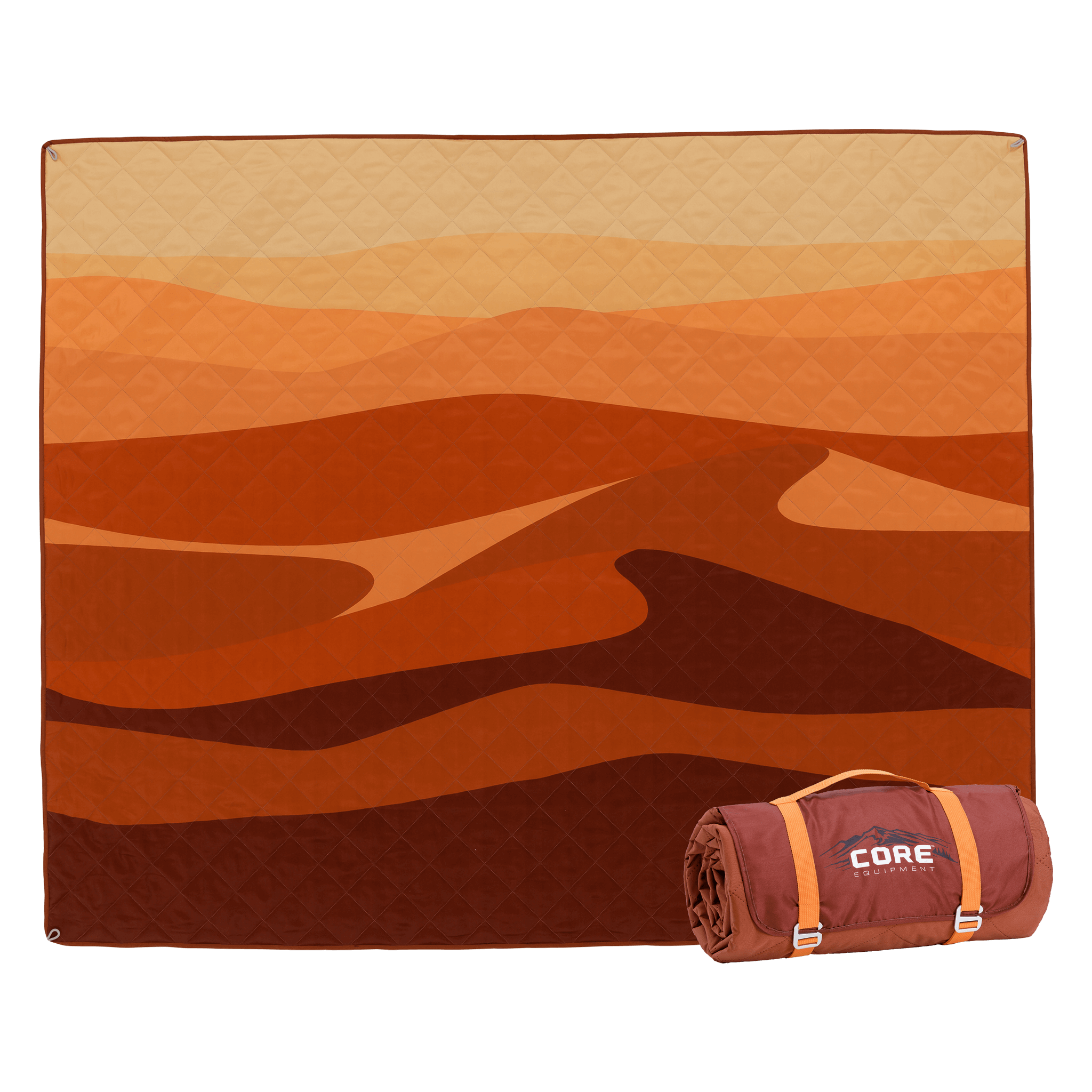 Orange and red patterned weighted camp blanket laid out with it rolled up next to it.