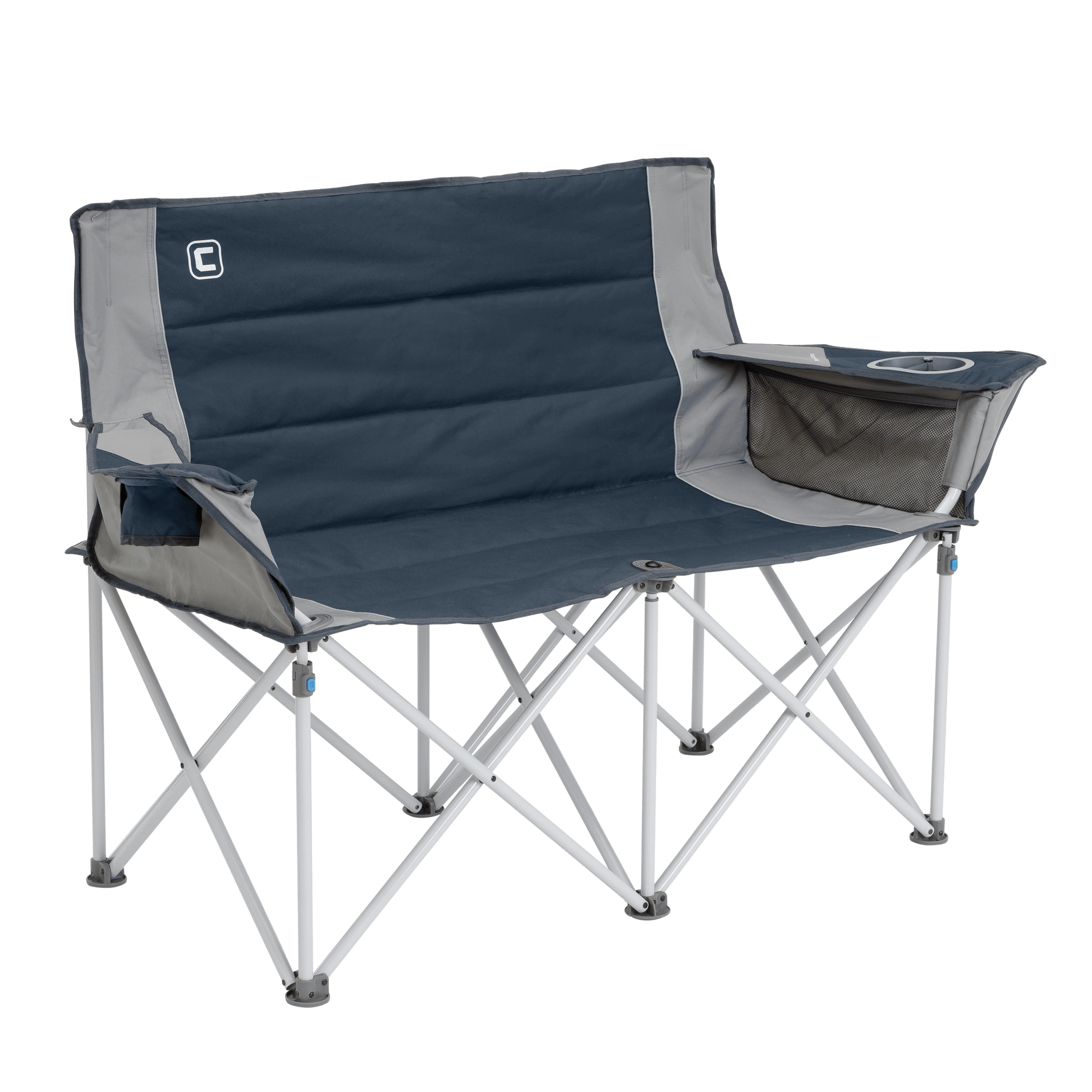 A portable double camping chair with a navy blue seat and backrest, light grey edges, and a sturdy light gray frame. The chair includes a drink holder on both armrests. Perfect for outdoor use, it's designed to accommodate two people comfortably while relaxing by the tent or campfire.