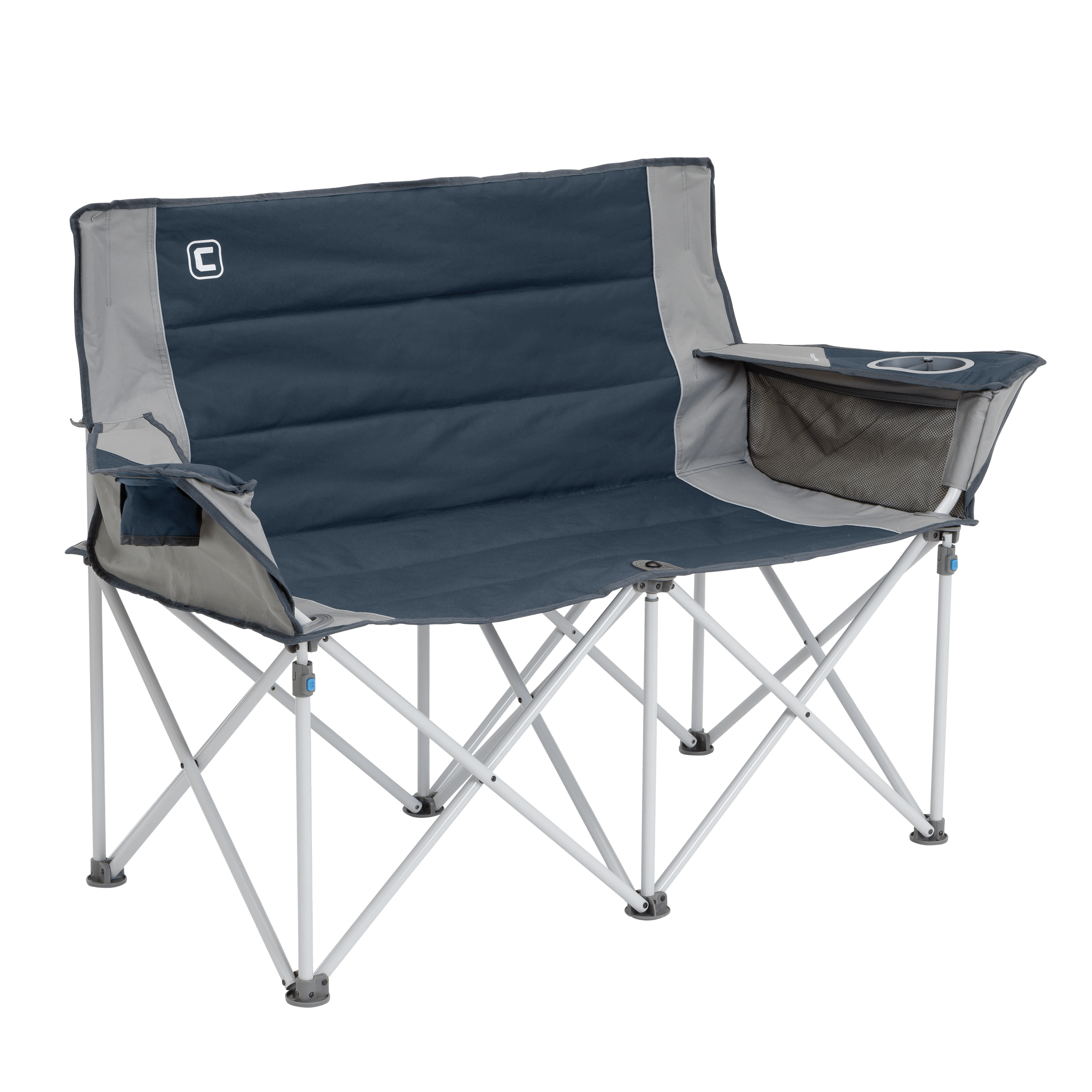 A portable double camping chair with a navy blue seat and backrest, light grey edges, and a sturdy light gray frame. The chair includes a drink holder on both armrests. Perfect for outdoor use, it's designed to accommodate two people comfortably while relaxing by the tent or campfire.
