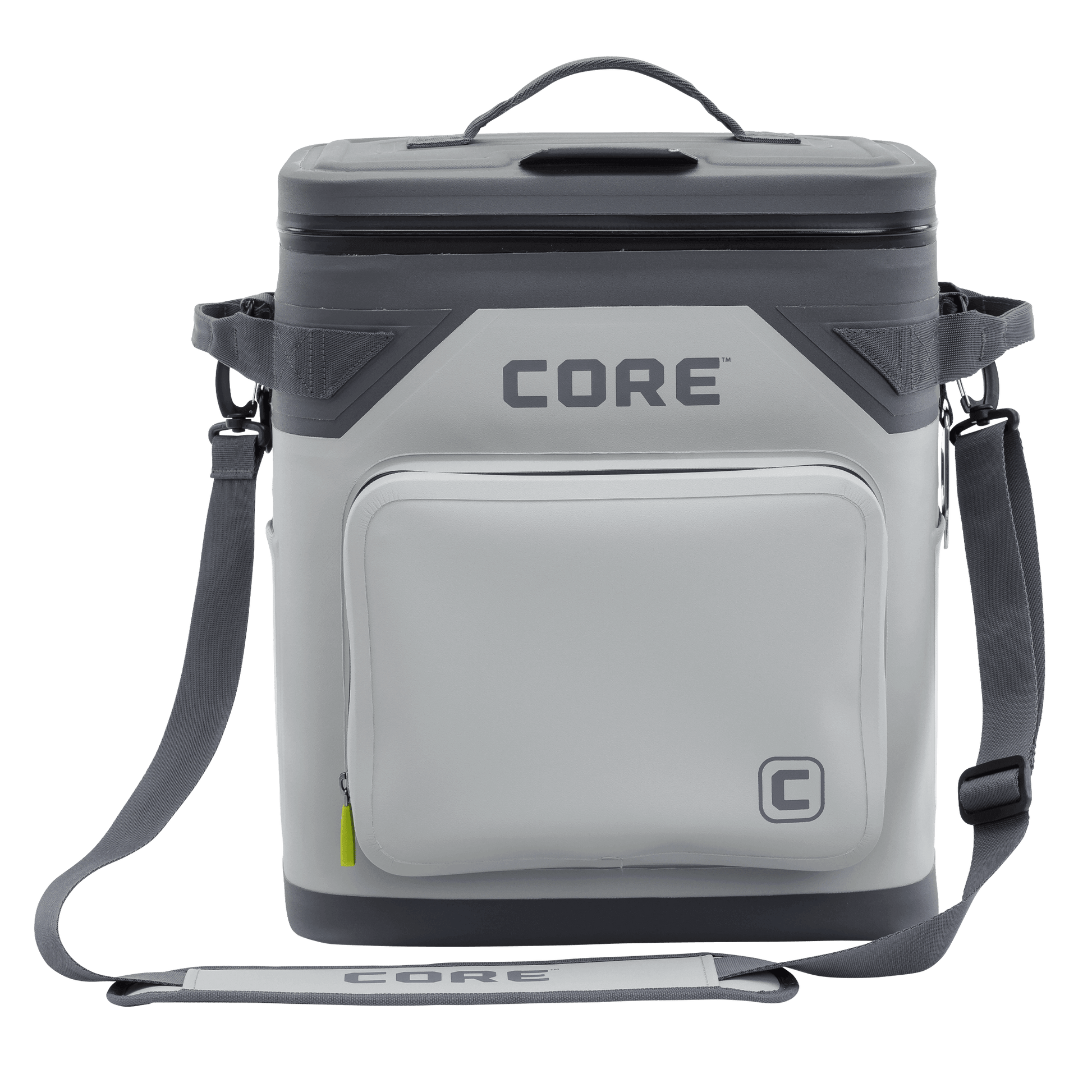 The CORE Climakeep 36 Can Soft Cooler in Shadow Gray features a zippered top, front pocket, side attachments, and an adjustable shoulder strap, ideal for camping or outdoor adventures, shown against a plain background.