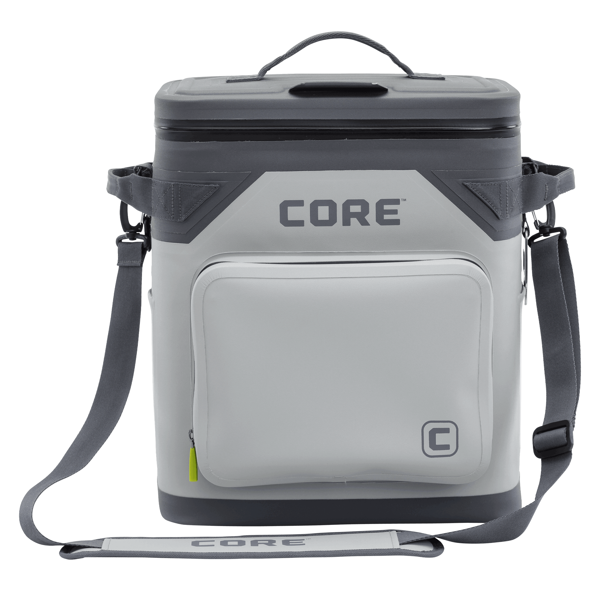 The CORE Climakeep 36 Can Soft Cooler in Shadow Gray features a zippered top, front pocket, side attachments, and an adjustable shoulder strap, ideal for camping or outdoor adventures, shown against a plain background.