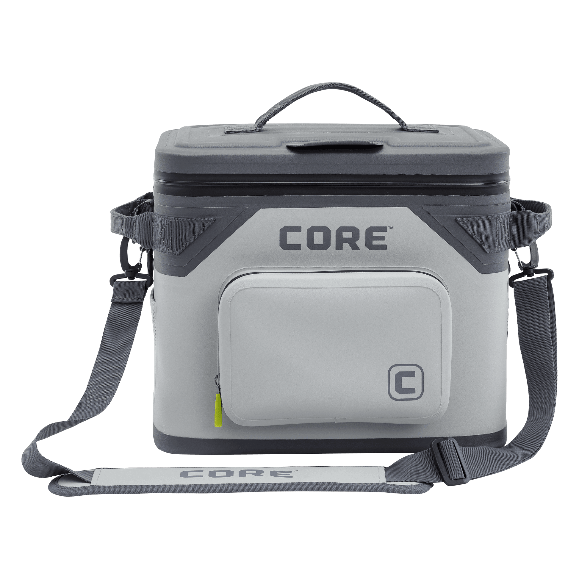 The CORE Climakeep 18 Can Soft Cooler in Shadow Gray features a zippered top, front pocket, side attachments, and an adjustable shoulder strap, ideal for camping or outdoor adventures, shown against a plain background.
