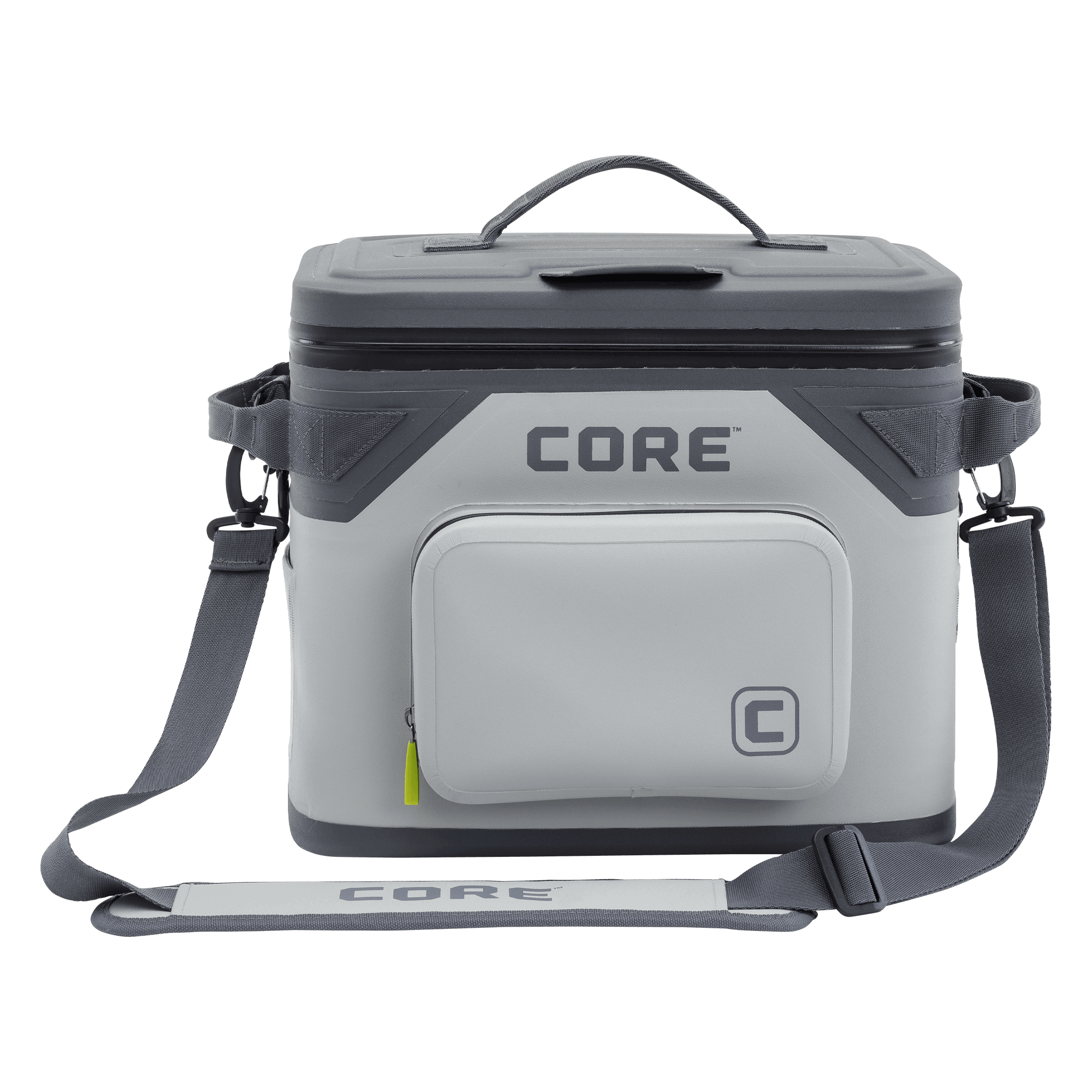 The CORE Climakeep 18 Can Soft Cooler in Shadow Gray features a zippered top, front pocket, side attachments, and an adjustable shoulder strap, ideal for camping or outdoor adventures, shown against a plain background.