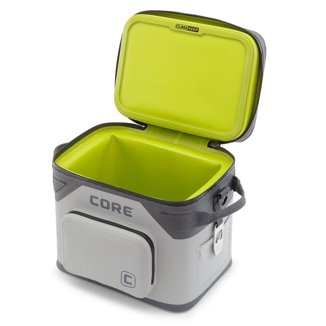 CORE 18 can soft cooler with gray exterior and green interior
