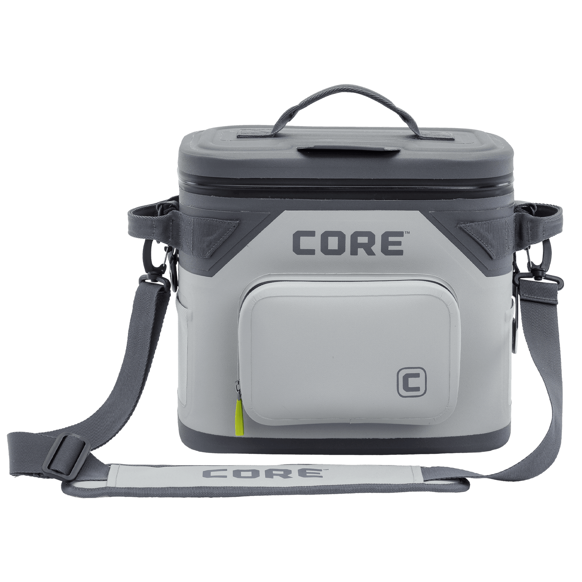 The CORE Climakeep 12 Can Soft Cooler in Shadow Gray features a zippered top, front pocket, side attachments, and an adjustable shoulder strap, ideal for camping or outdoor adventures, shown against a plain background.