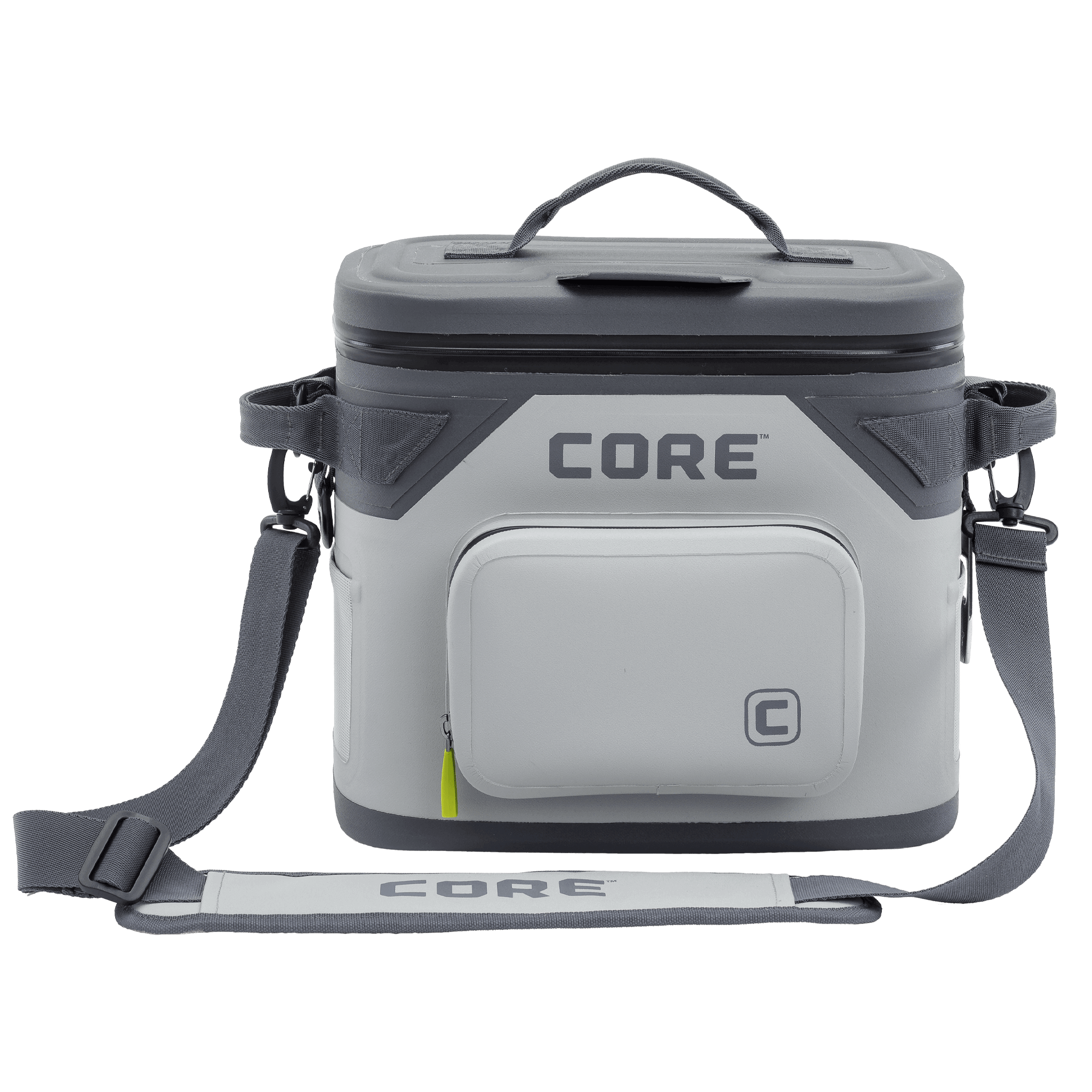 The CORE Climakeep 12 Can Soft Cooler in Shadow Gray features a zippered top, front pocket, side attachments, and an adjustable shoulder strap, ideal for camping or outdoor adventures, shown against a plain background.