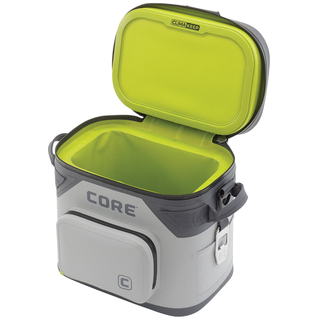 CORE 12 can soft cooler with gray exterior and green interior