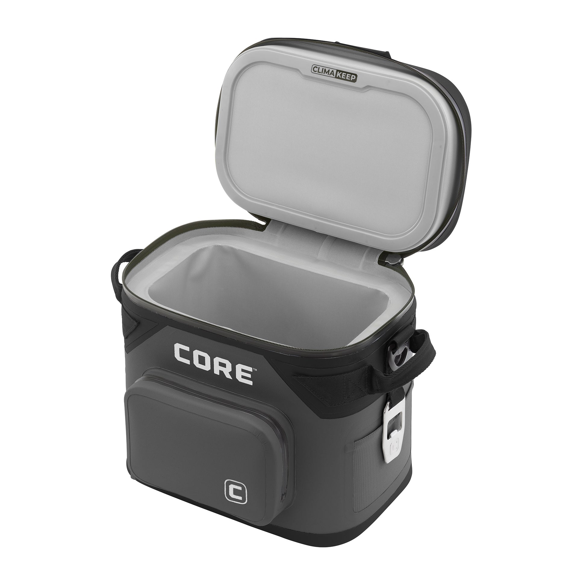 CORE 12 can soft cooler with black exterior and light gray interior