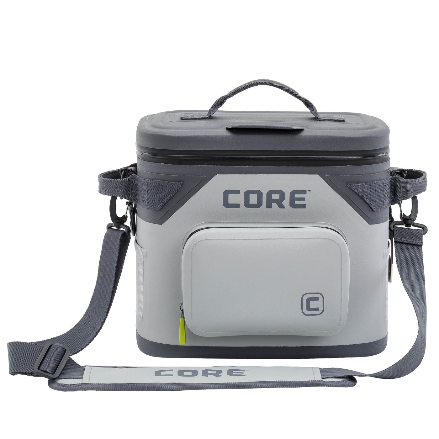 Image of a rectangular, gray CORE Magnetic 12 Can Soft Cooler with a black lid and grip handle. It features a front zippered pocket, an adjustable shoulder strap with padding, and a small logo tag on the strap.