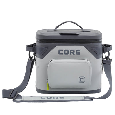 Image of a rectangular, gray CORE Magnetic 12 Can Soft Cooler with a black lid and grip handle. It features a front zippered pocket, an adjustable shoulder strap with padding, and a small logo tag on the strap.