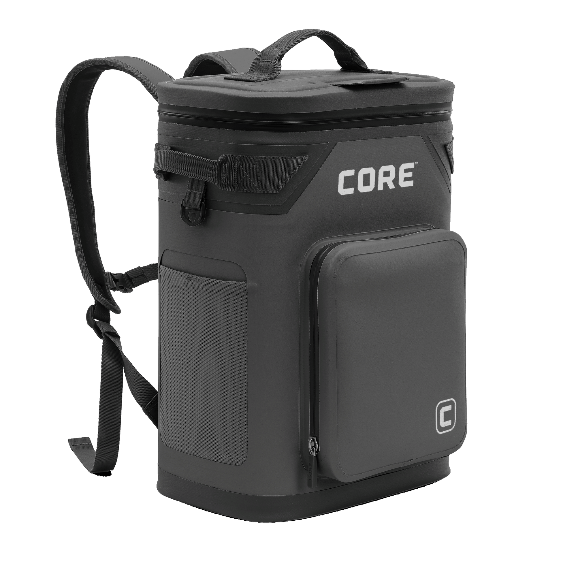 A 24 can black backpack cooler with a pocket labeled 'CORE.
