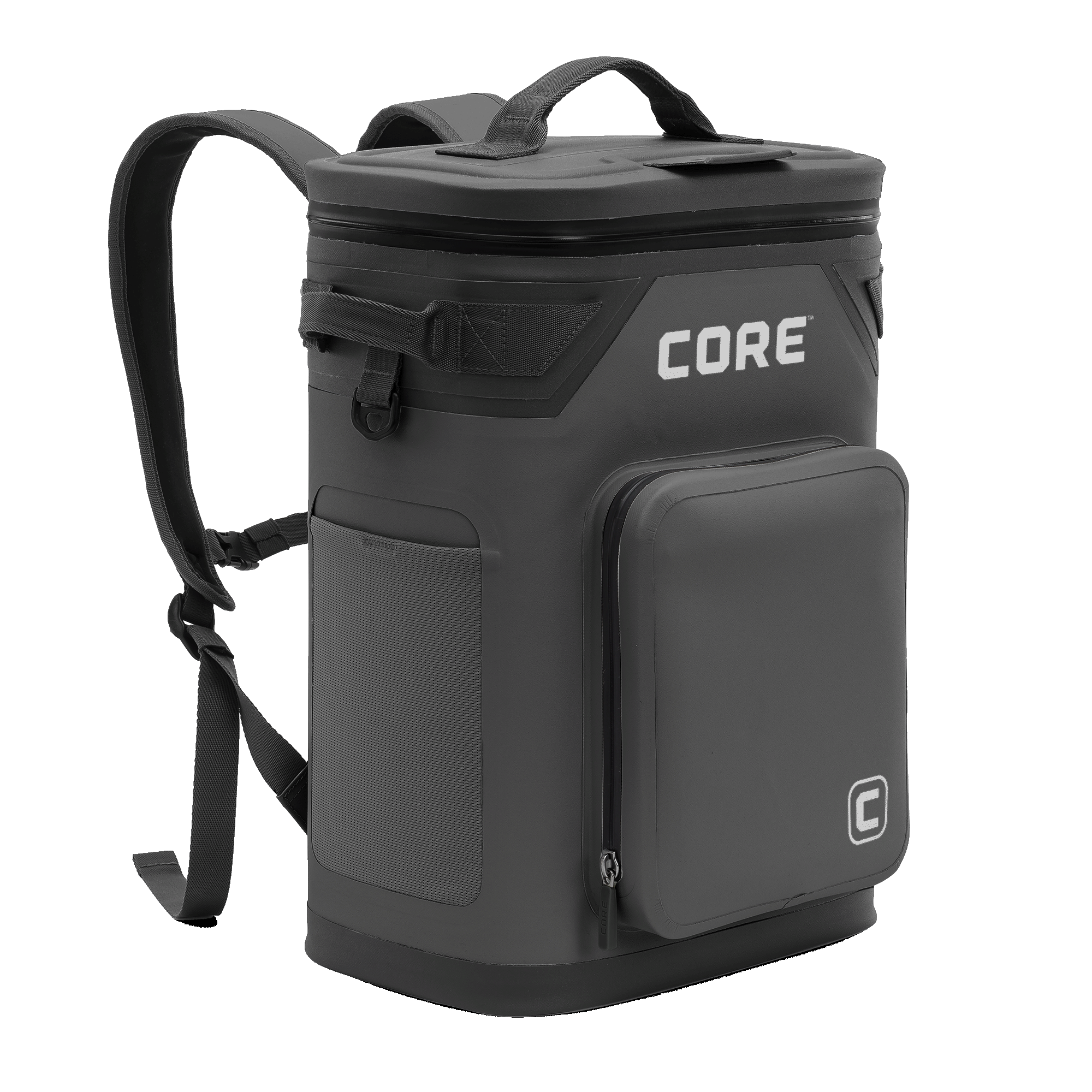 A 24 can black backpack cooler with a pocket labeled 'CORE.