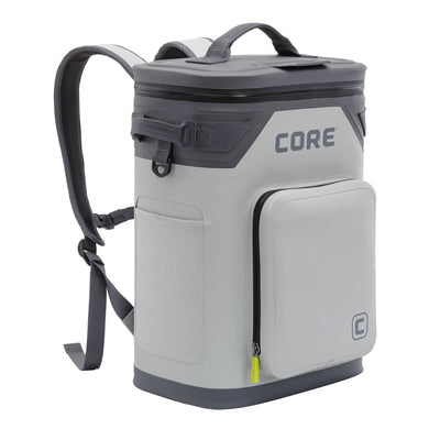 A gray and black Magnetic 24 Can Backpack Soft Cooler with the brand name "CORE" on the front. It features backpack straps, a top handle, and multiple compartments including a front zippered pocket and side mesh pockets.