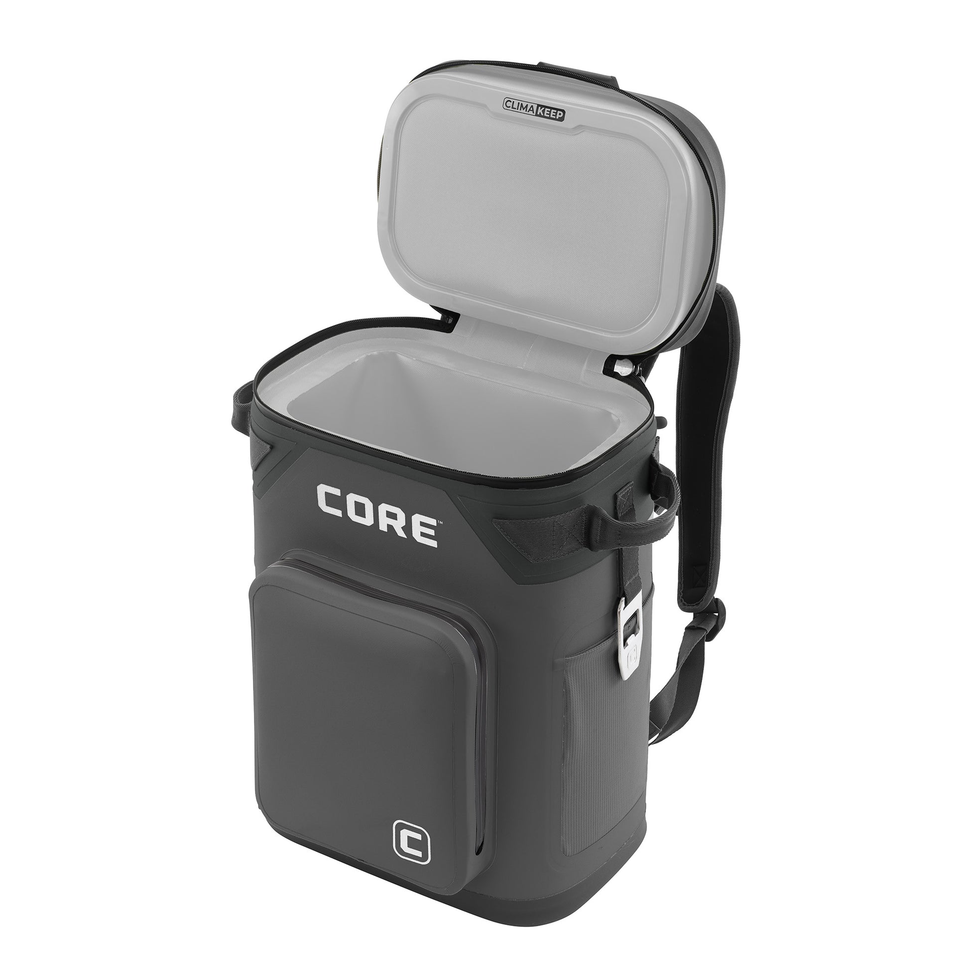 CORE 24 can backpack soft cooler with black exterior and light gray interior
