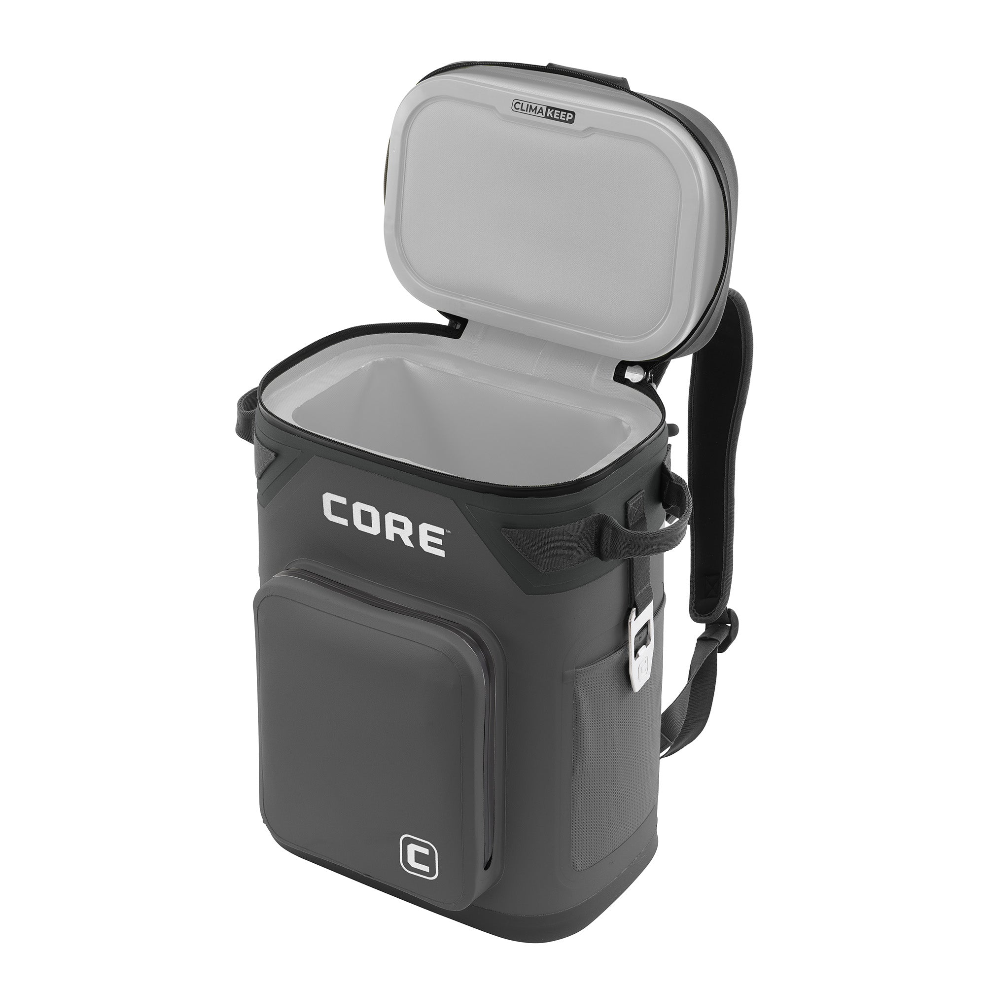 CORE 24 can backpack soft cooler with black exterior and light gray interior