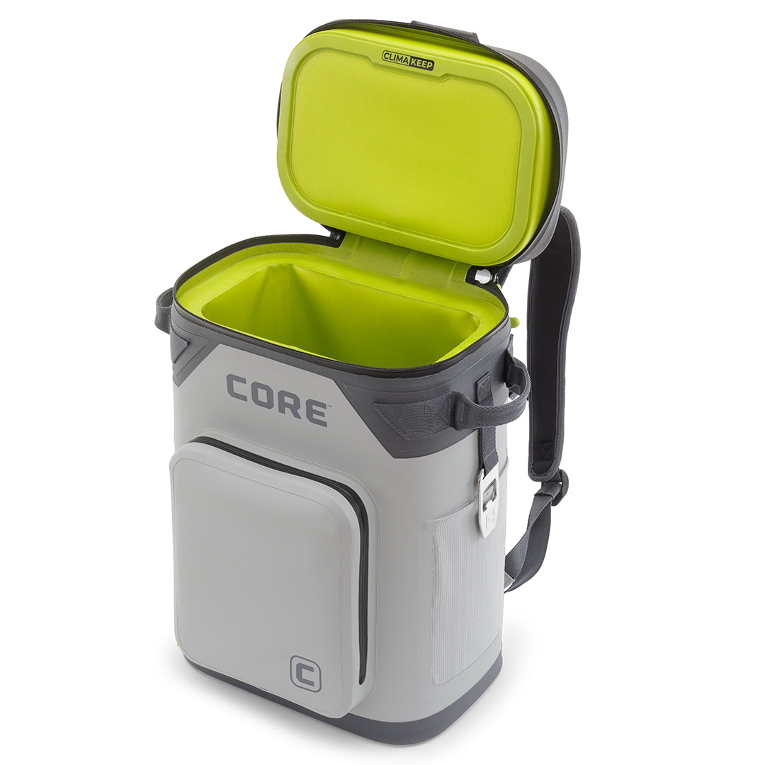 CORE 24 can backpack soft cooler with gray exterior and green interior