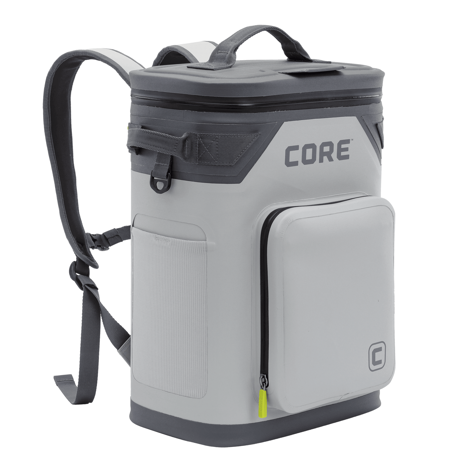 The CORE Climakeep Soft Cooler 24 can backpack in Shadow Gray features backpack straps, top handle, front zippered pocket, mesh side pocket, and the CORE brand name displayed on the front.