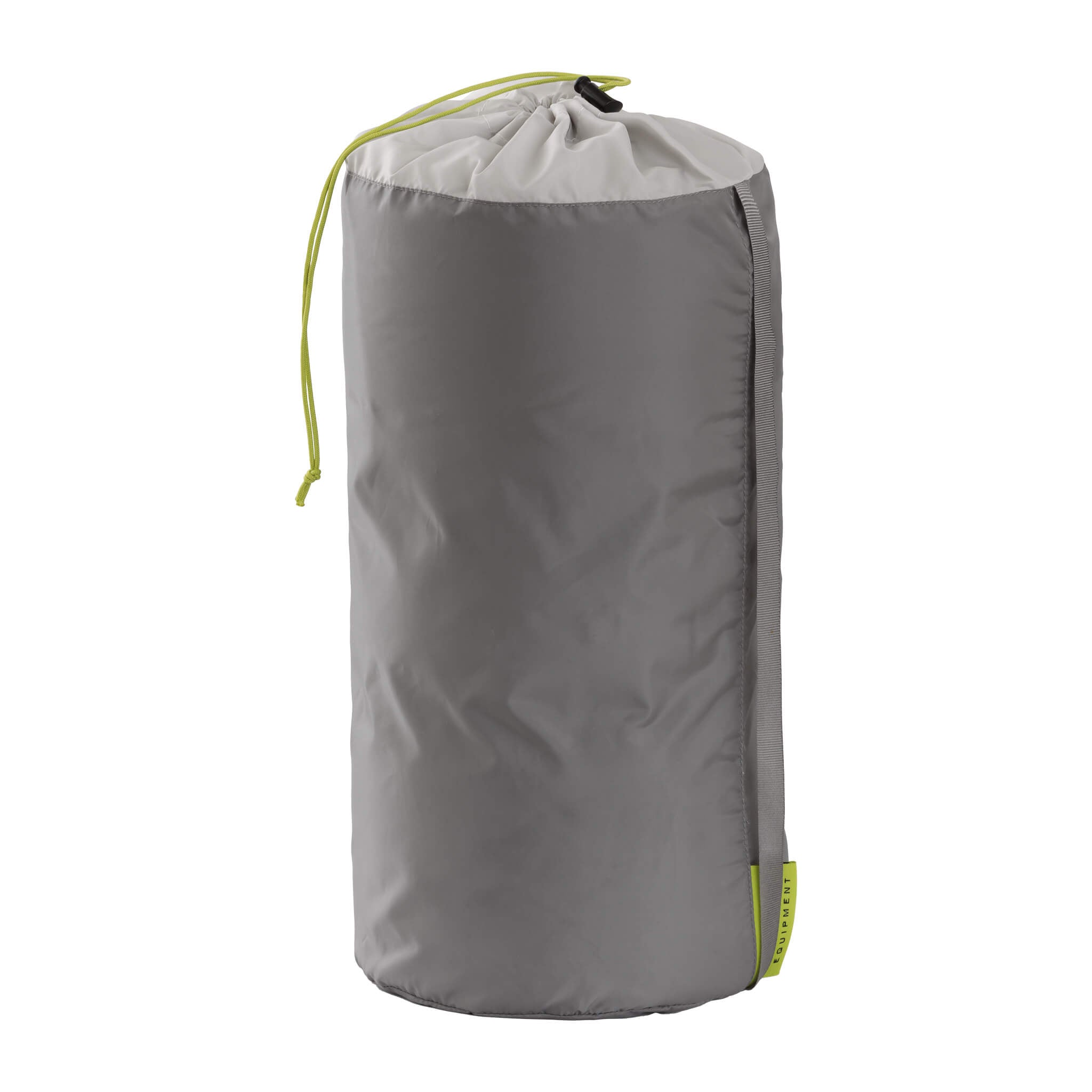 Gray drawstring bag with a pillow inside with green neon accents on a white background.