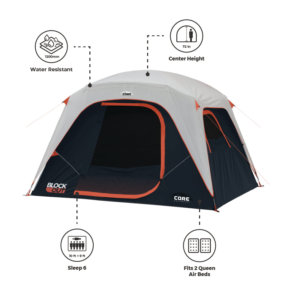 Image of a 6 Person Dome Blockout Tent with specifications: water resistant (1200mm), center height (72 inches), size (10 ft x 9 ft), sleeps 6 people, fits 2 queen air beds. This outdoor tent features a sleek two-tone design of black and gray with red accents and a "Block Out" label.