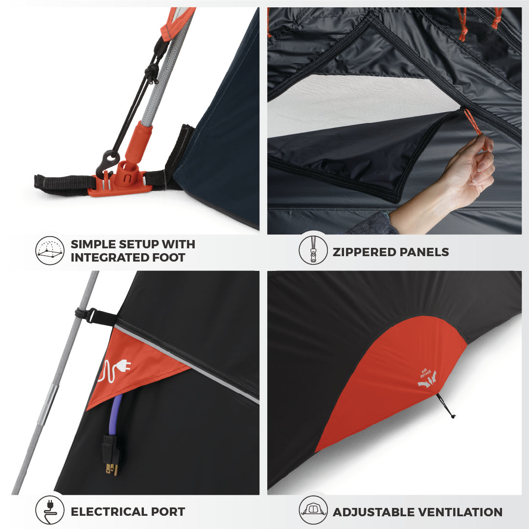 Image of a 6 Person Dome Blockout Tent featuring four components. Top left: red foot with strap labeled "Simple Setup with Integrated Foot." Top right: hand opening a zippered panel labeled "Zippered Panels." Bottom left: electrical port. Bottom right: adjustable vent labeled "Adjustable Outdoor Ventilation.