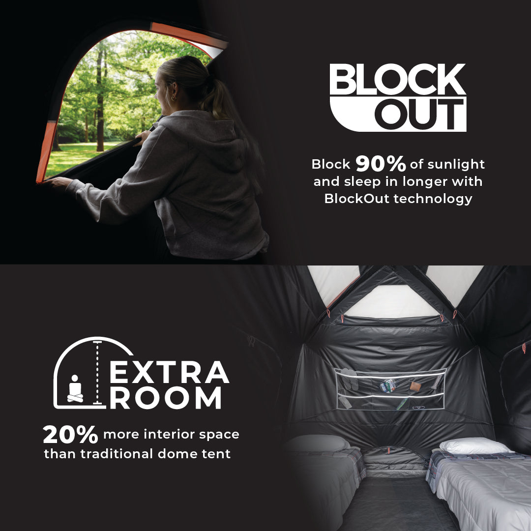 A two-part advertisement for a tent. The top image shows a person looking outside from inside the tent with text: "Block out 90% of sunlight and sleep in longer with BlockOut technology." The bottom image shows a spacious interior with text: "20% more interior space than traditional dome tents, perfect for your next camping adventure."