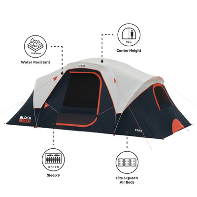 Image of a large outdoor tent with multiple features highlighted through callouts. Labels include "1200mm Water Resistant," "Center Height 78 in," "Sleep 9," "Fits 3 Queen Air Beds," and its dimension "16 ft x 9 ft." Perfect for camping, the CORE 9 Person Extended Dome Blockout Tent has a black and white exterior with red accents.