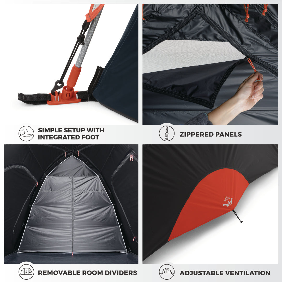 Collage of four images showing features of the CORE 9 Person Extended Dome Blockout Tent. Top-left: Foot with a pole for simple setup. Top-right: Hand unzipping a panel. Bottom-left: Interior with removable room dividers. Bottom-right: Adjustable ventilation flap for better outdoor comfort.