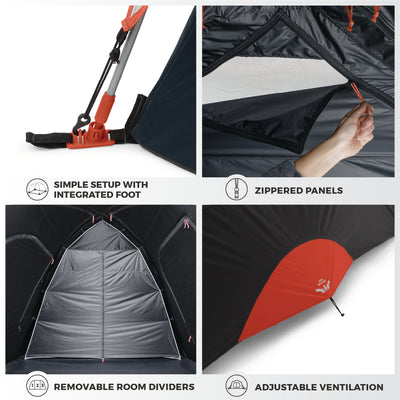 Collage of four images showing features of the CORE 9 Person Extended Dome Blockout Tent. Top-left: Foot with a pole for simple setup. Top-right: Hand unzipping a panel. Bottom-left: Interior with removable room dividers. Bottom-right: Adjustable ventilation flap for better outdoor comfort.