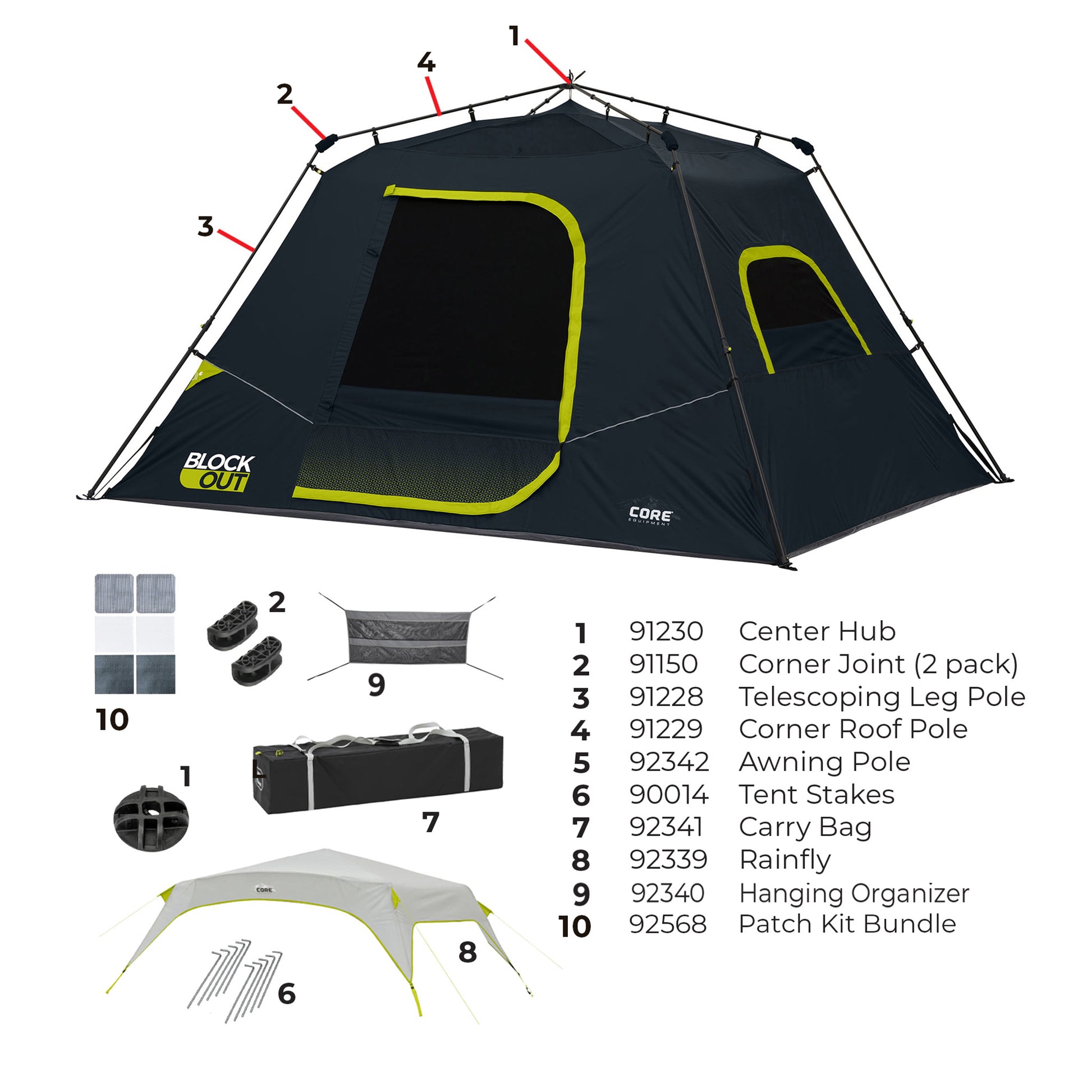 Labeled diagram of 6 person blockout tent parts