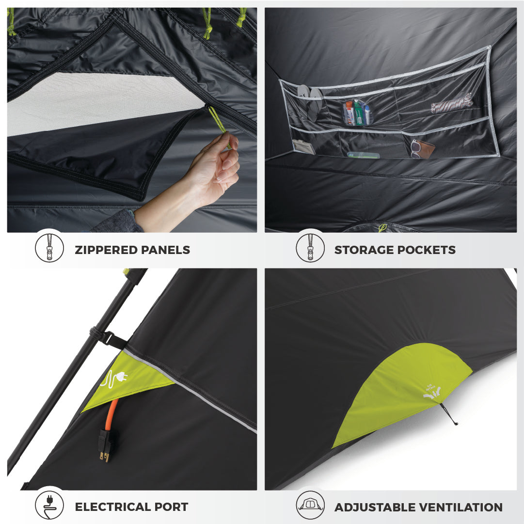 A collage of four images showcasing different features of the 6 Person Instant Cabin Blockout Tent. The top left image shows a hand operating zippered panels, ideal for outdoor adventures. The top right image highlights storage pockets holding small items. The bottom left displays an electrical port, and the bottom right features adjustable ventilation.