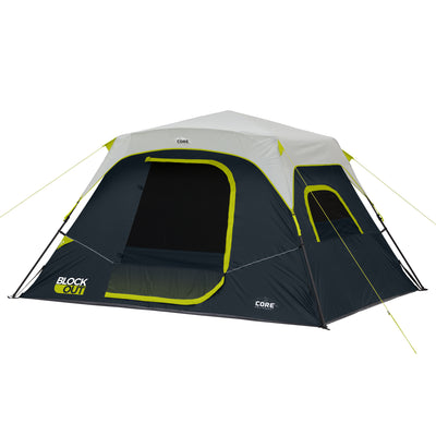  A blackand gray 6 Person Instant Cabin Blockout Tent with bright green accents and the words "Block Out" and "CORE" printed on the front and side. The tent has a large, zippered front entrance and several support poles with guy lines providing stability.