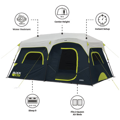 Image of a large outdoor camping tent with labeled features. The 9 Person Instant Cabin Blockout Tent is water-resistant with 1200mm protection, has a center height of 78 inches, and offers instant setup in 2 minutes. It can sleep 9 people, fitting 2 queen air beds, and measures 14 ft x 9 ft.