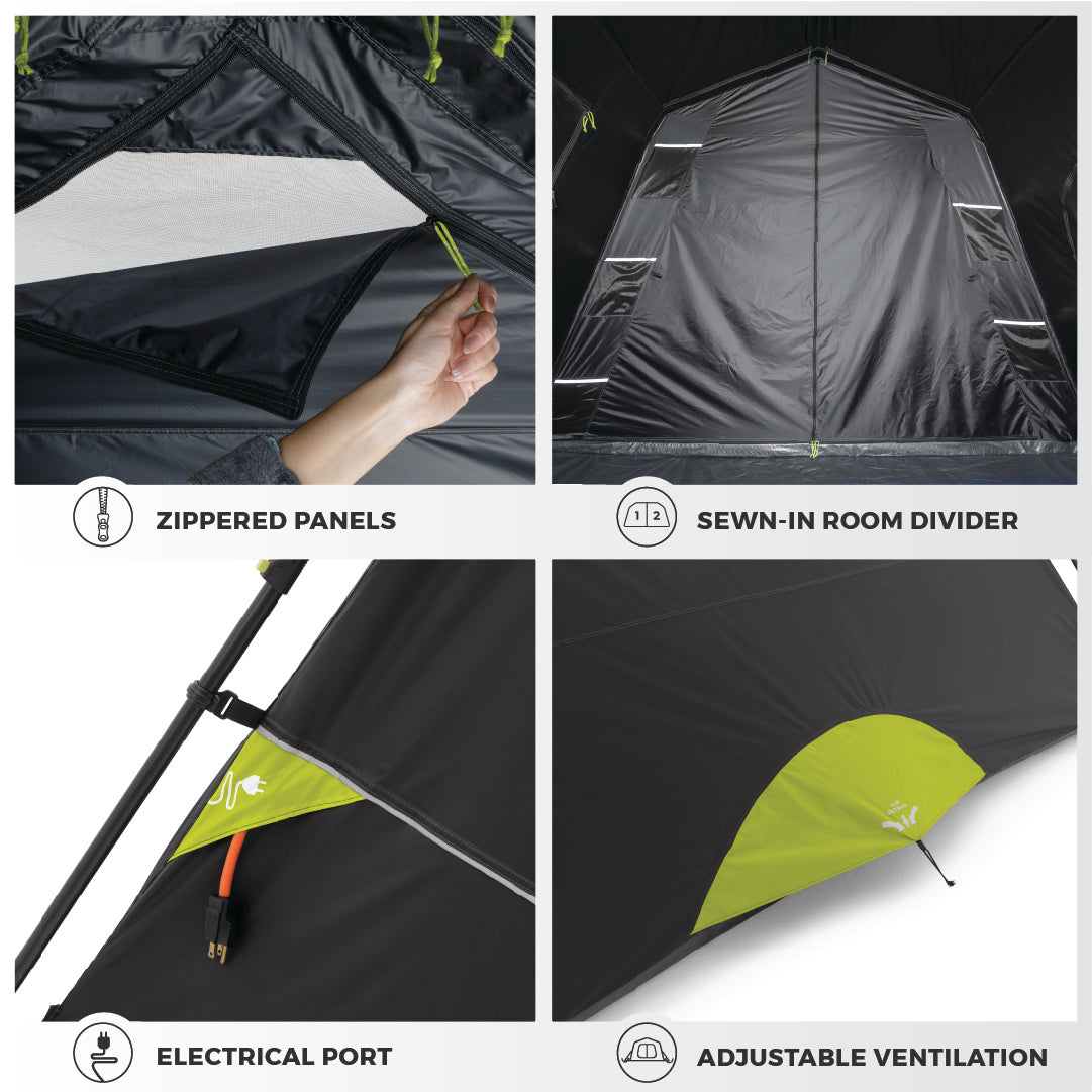 A collage of four images showcasing features of the CORE 9 Person Instant Cabin Blockout Tent. Top left: A hand opening zippered panels. Top right: A sewn-in room divider inside the tent. Bottom left: An electrical port with a cord plugged in. Bottom right: Adjustable ventilation with a green vent flap.