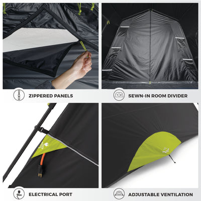 A collage of four images showcasing features of the CORE 9 Person Instant Cabin Blockout Tent. Top left: A hand opening zippered panels. Top right: A sewn-in room divider inside the tent. Bottom left: An electrical port with a cord plugged in. Bottom right: Adjustable ventilation with a green vent flap.