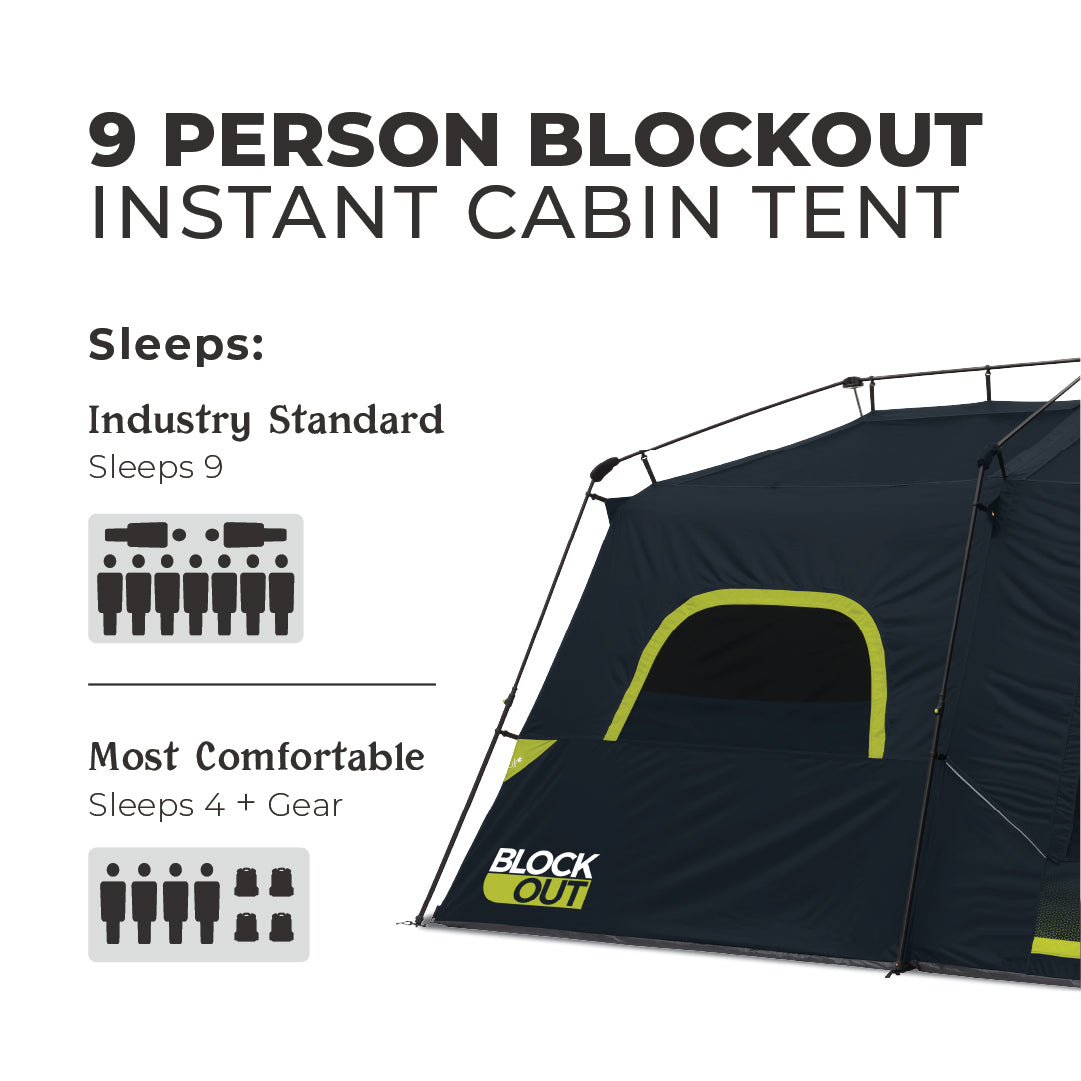 Image of a 9 Person Instant Cabin Blockout Tent. The tent is black with green accents and has a logo that reads "BLOCK OUT" on one side. Text on the image states, "Sleeps: Industry Standard - Sleeps 9. Most Comfortable - Sleeps 4 + Gear." Brand Name: CORE