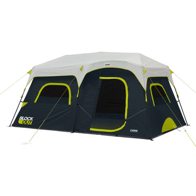 A large, black and gray camping tent with green accents. The 9 Person Instant Cabin Blockout Tent features multiple windows, a large entrance, and is branded with “CORE” and “Block Out.” The design suggests it is spacious and suitable for group camping.