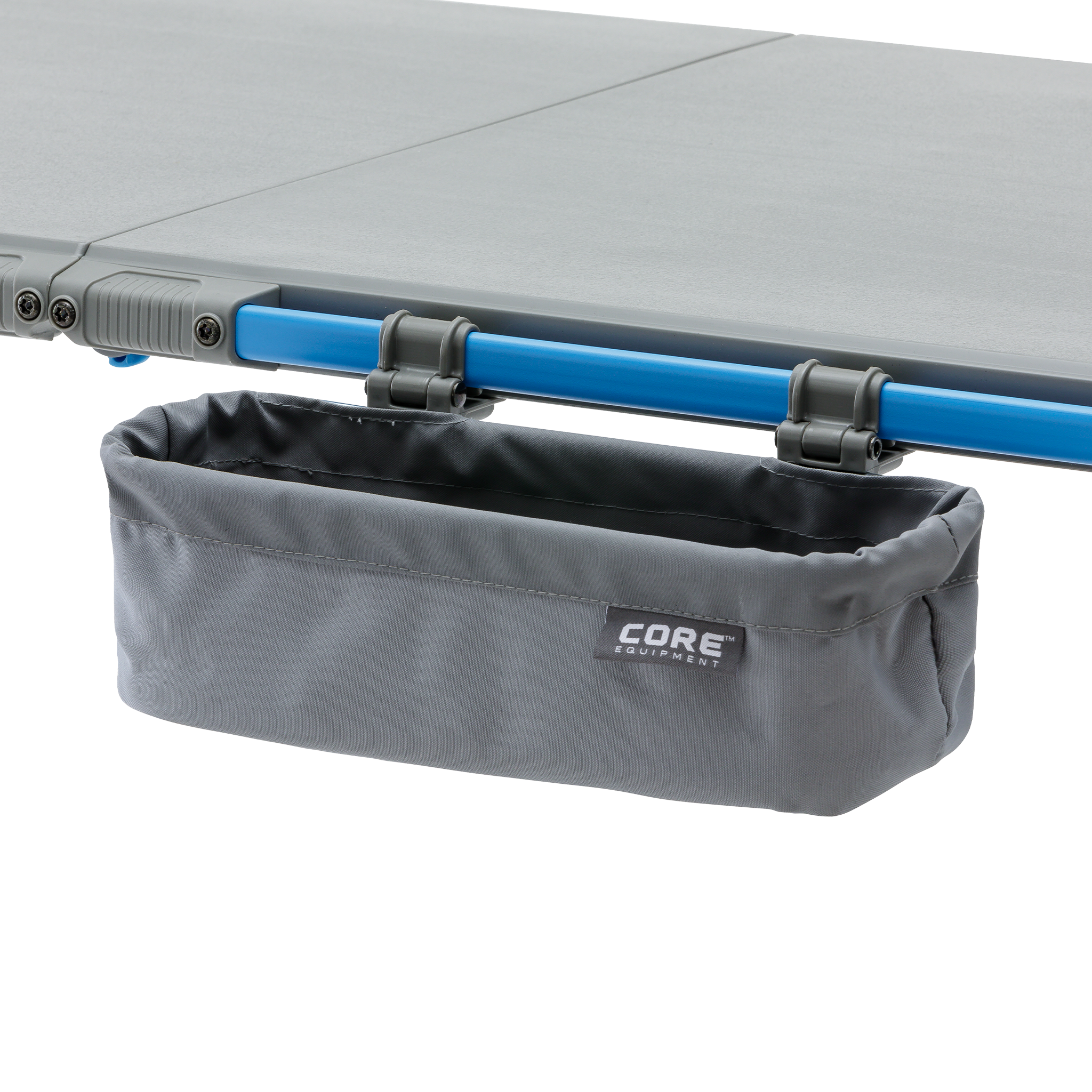 Gray storage basket attached to a Flexrail Camp Table featuring the CORE Equipment logo.