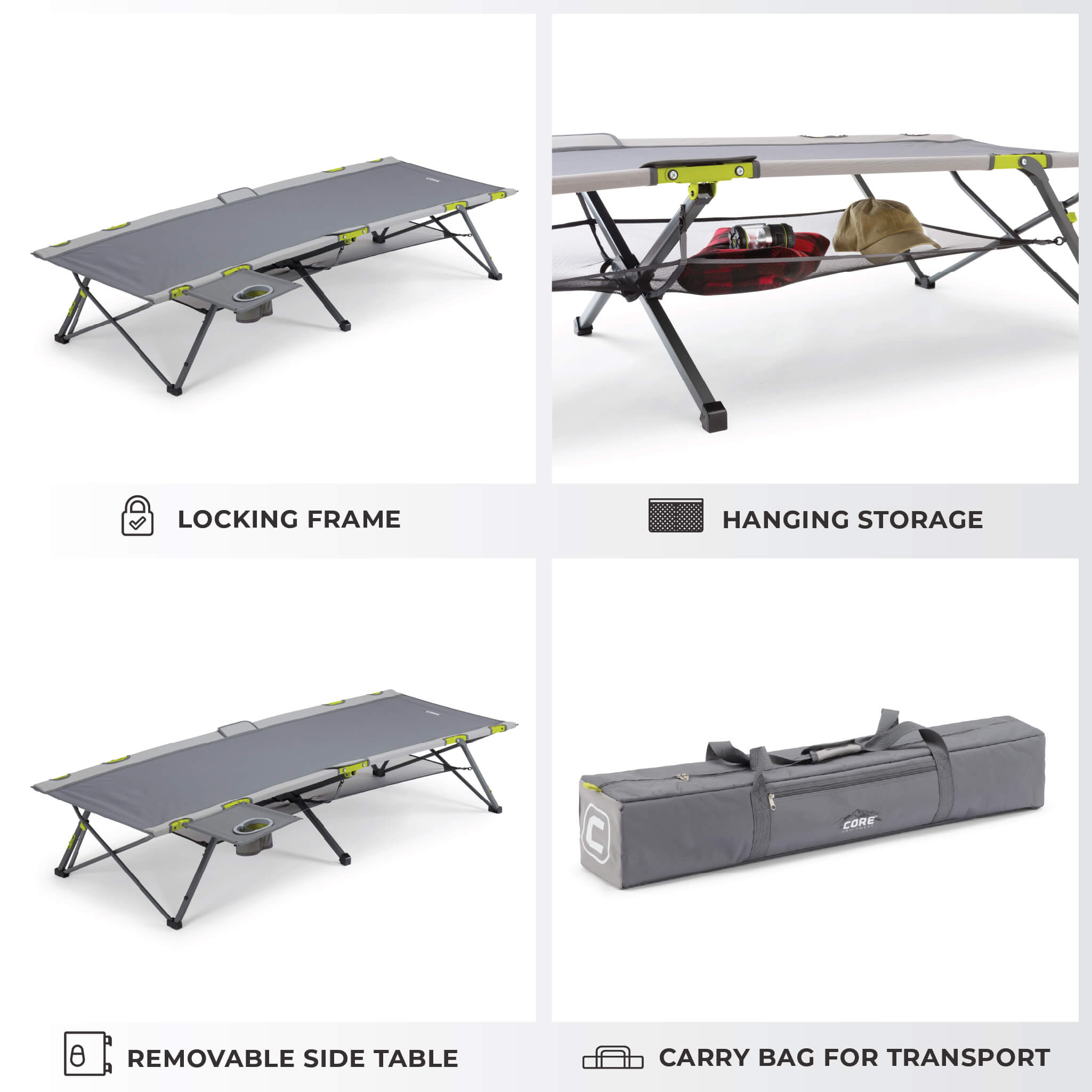 Folding camping cot with locking frame, hanging storage, removable side table with cup holder, and carry bag for easy transport.