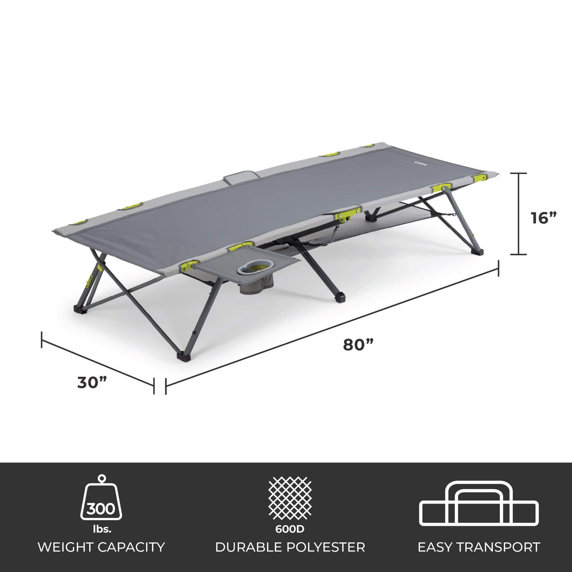 Gray camping cot with dimensions and features on a white background